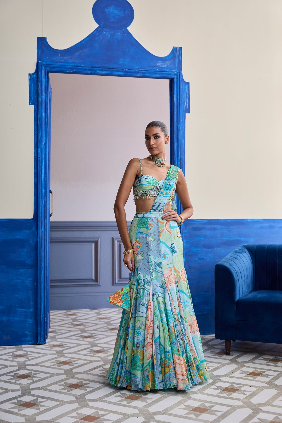 AQUA BLUE MOSAIC RUCHED BLOUSE WITH DRAPED MERMAID SAREE SET