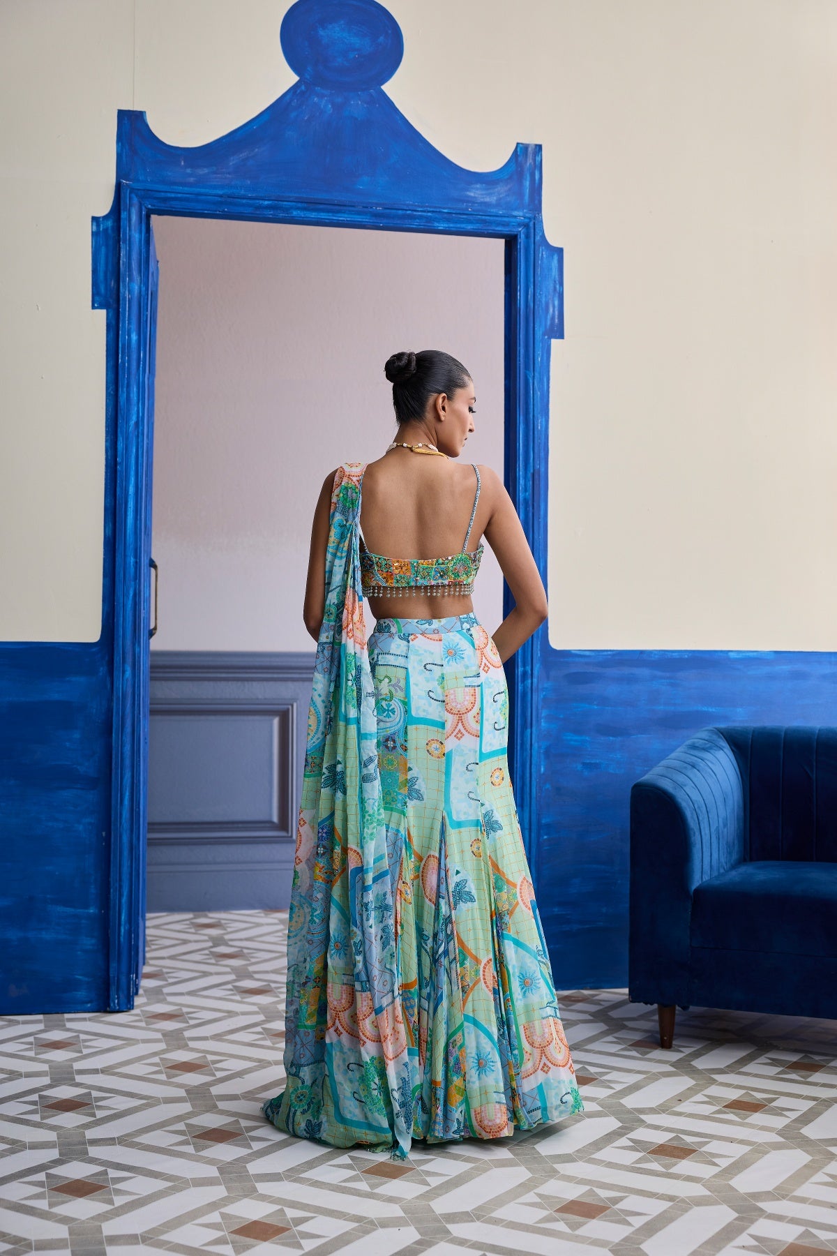 AQUA BLUE MOSAIC RUCHED BLOUSE WITH DRAPED MERMAID SAREE SET