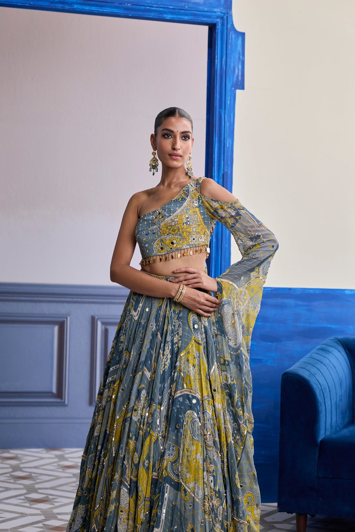 GREY MOSAIC ONE-SHOULDER BLOUSE WITH FLARED SLEEVES & LEHENGA SET