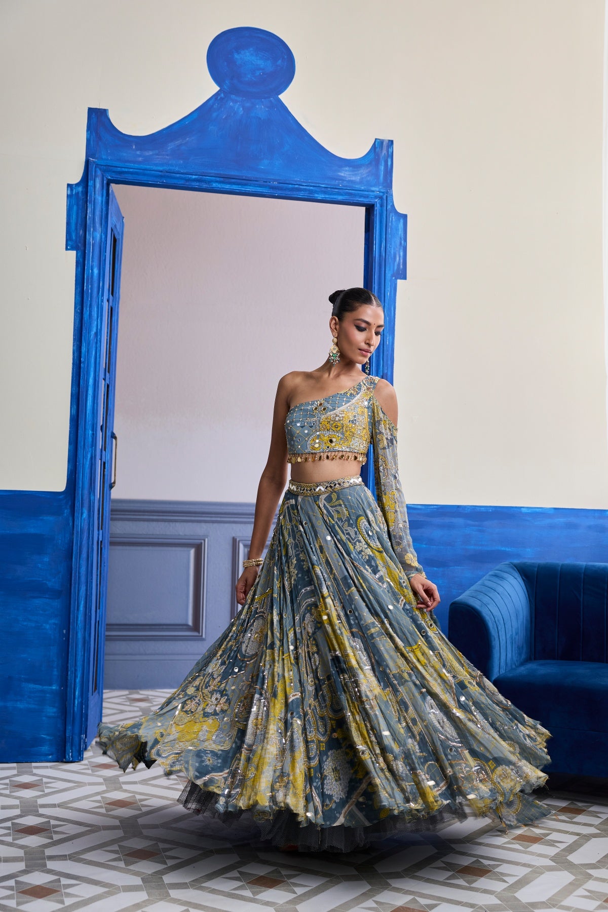 GREY MOSAIC ONE-SHOULDER BLOUSE WITH FLARED SLEEVES & LEHENGA SET