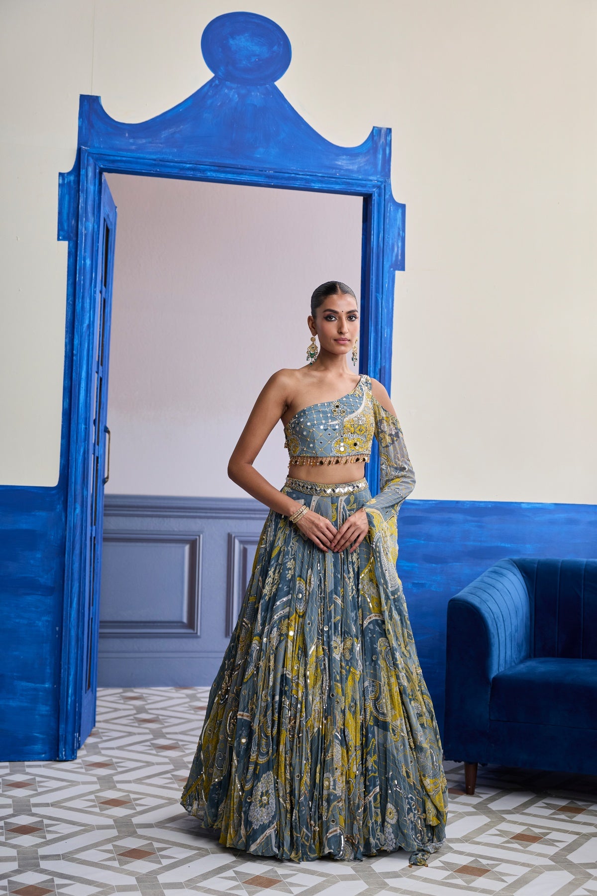GREY MOSAIC ONE-SHOULDER BLOUSE WITH FLARED SLEEVES & LEHENGA SET