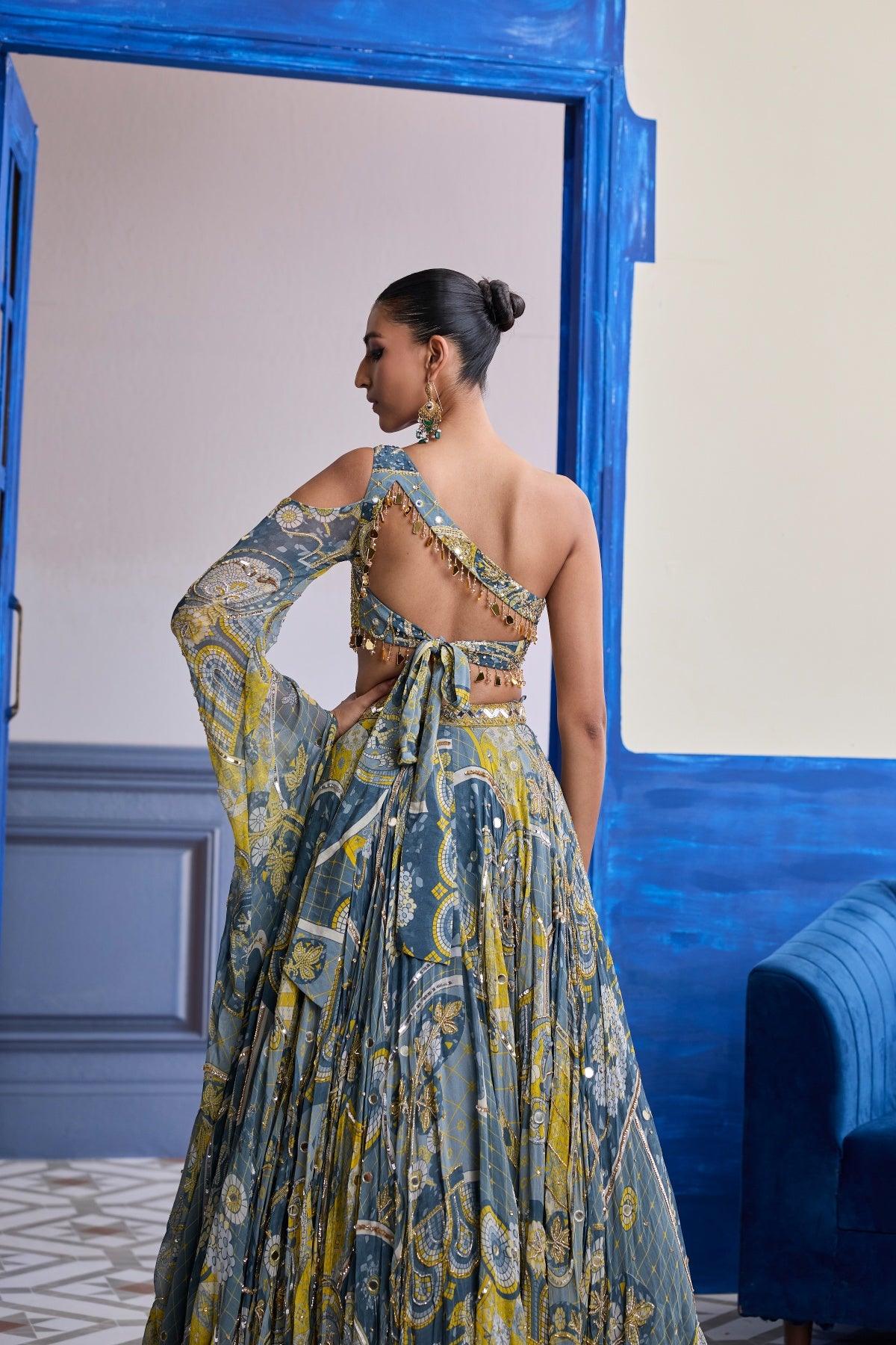 GREY MOSAIC ONE-SHOULDER BLOUSE WITH FLARED SLEEVES & LEHENGA SET