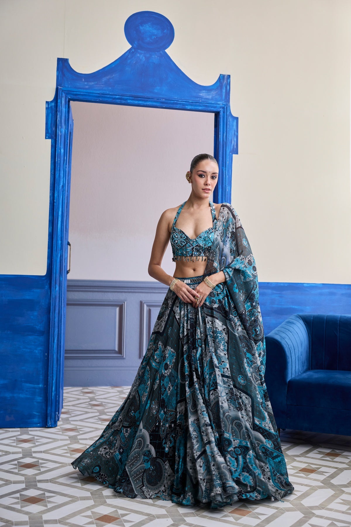 TEAL & BLACK MOSAIC HALTER BLOUSE WITH PRINTED LEHENGA & DUPATTA SET