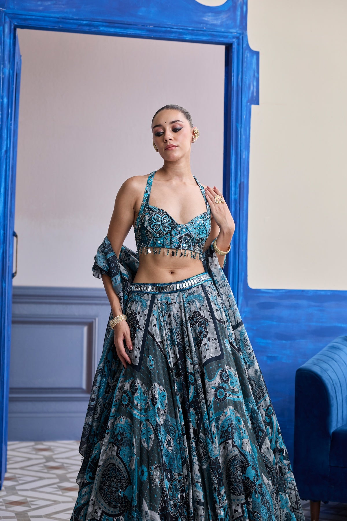 TEAL & BLACK MOSAIC HALTER BLOUSE WITH PRINTED LEHENGA & DUPATTA SET