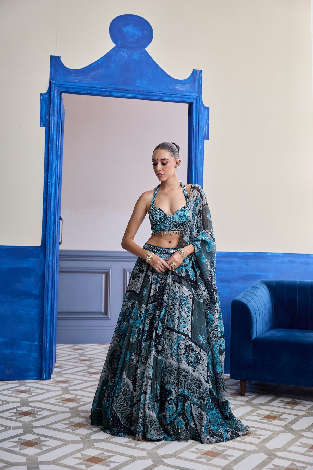 TEAL & BLACK MOSAIC HALTER BLOUSE WITH PRINTED LEHENGA & DUPATTA SET