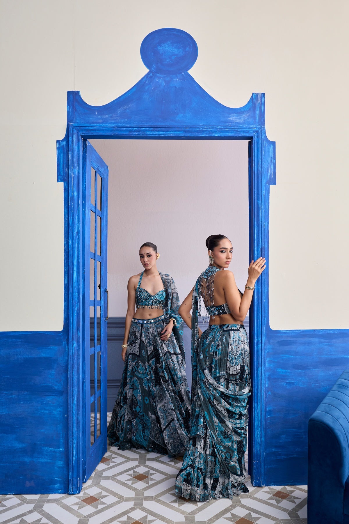TEAL & BLACK MOSAIC HALTER BLOUSE WITH PRINTED LEHENGA & DUPATTA SET
