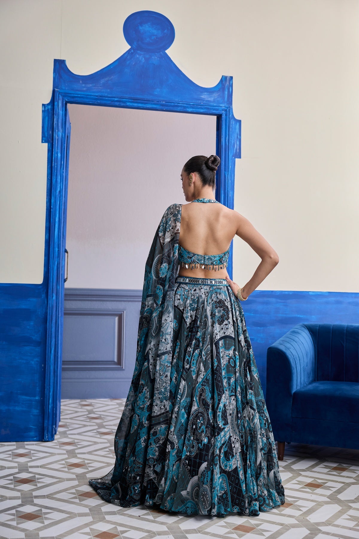 TEAL & BLACK MOSAIC HALTER BLOUSE WITH PRINTED LEHENGA & DUPATTA SET