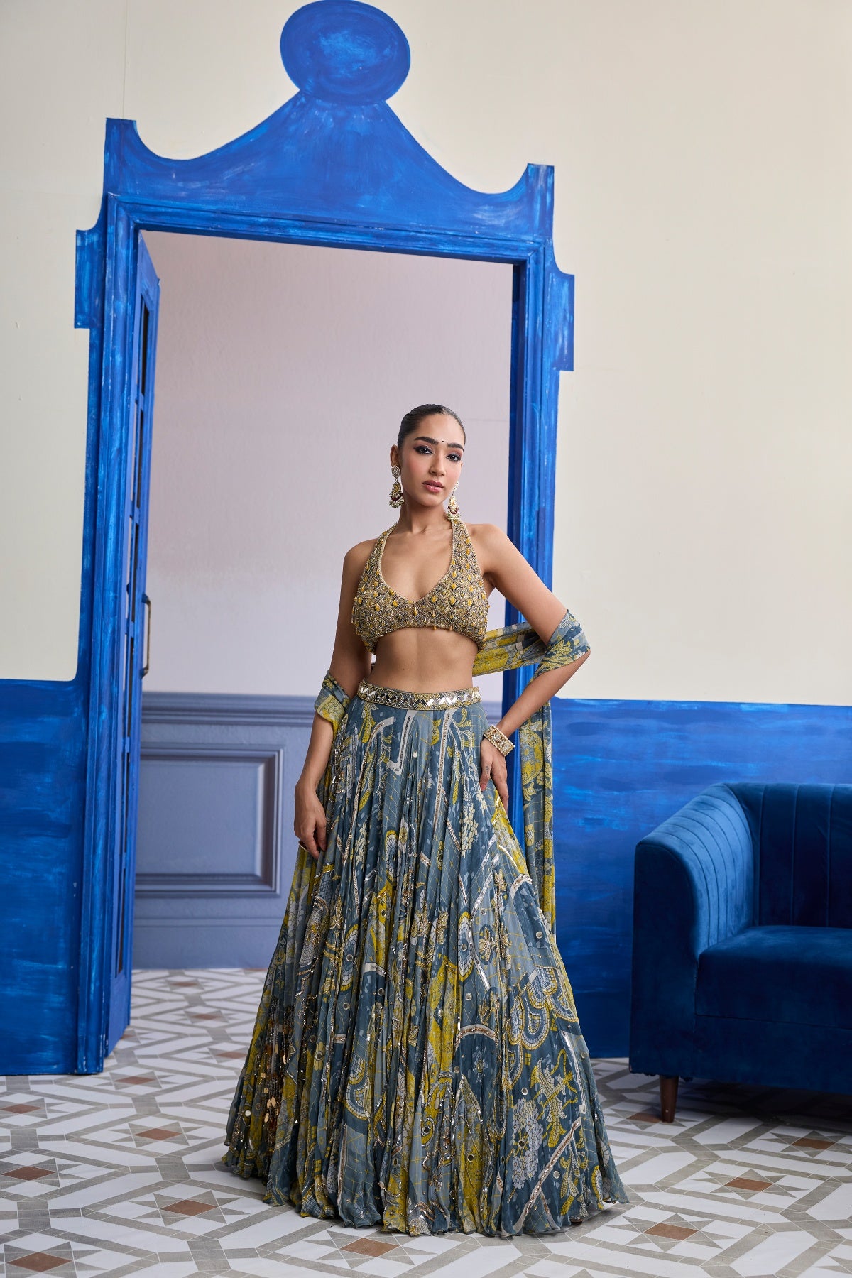 GREY & YELLOW EMBROIDERED BLOUSE WITH HIGHLIGHTED LEHENGA & TASSEL DUPATTA SET