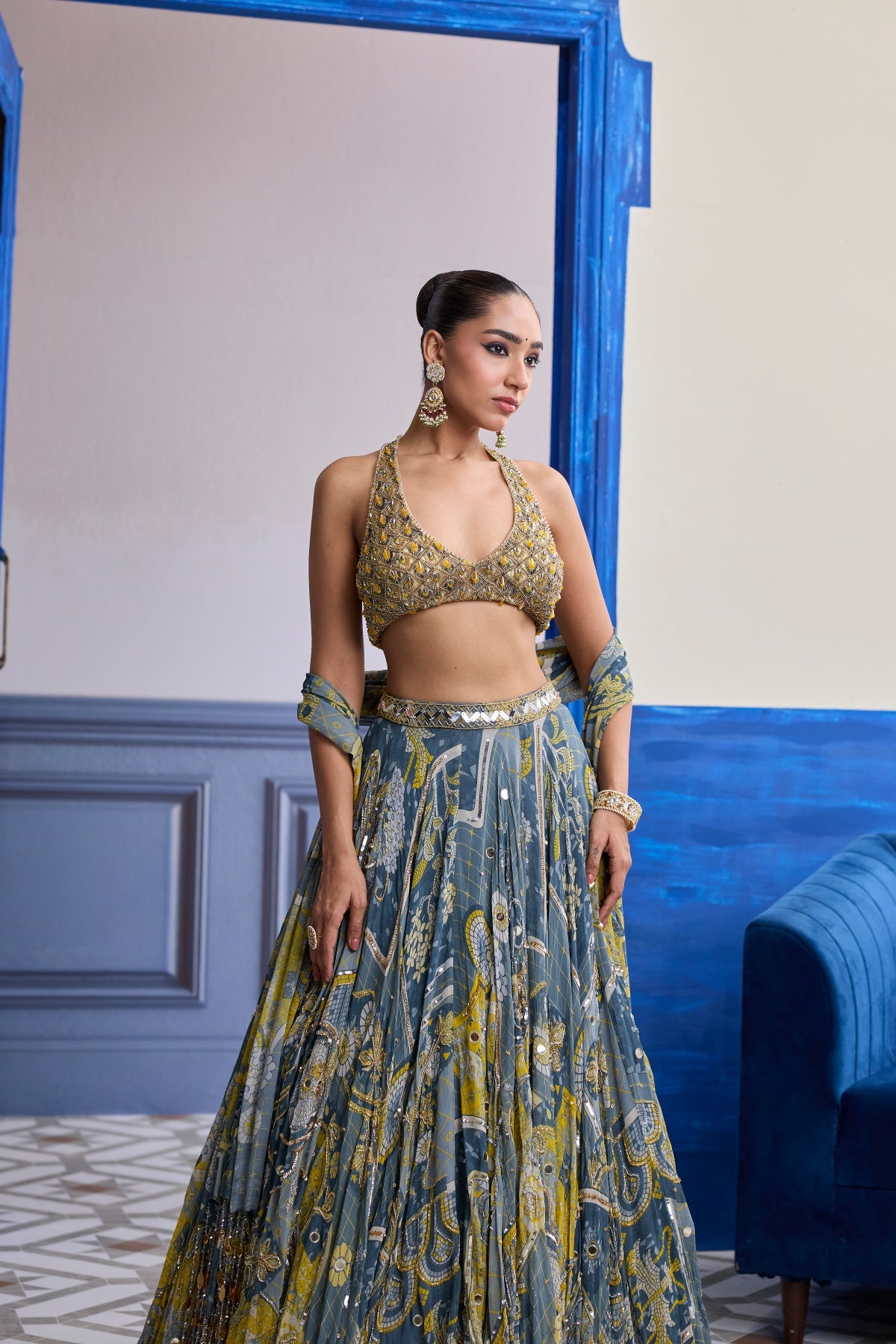 GREY & YELLOW EMBROIDERED BLOUSE WITH HIGHLIGHTED LEHENGA & TASSEL DUPATTA SET