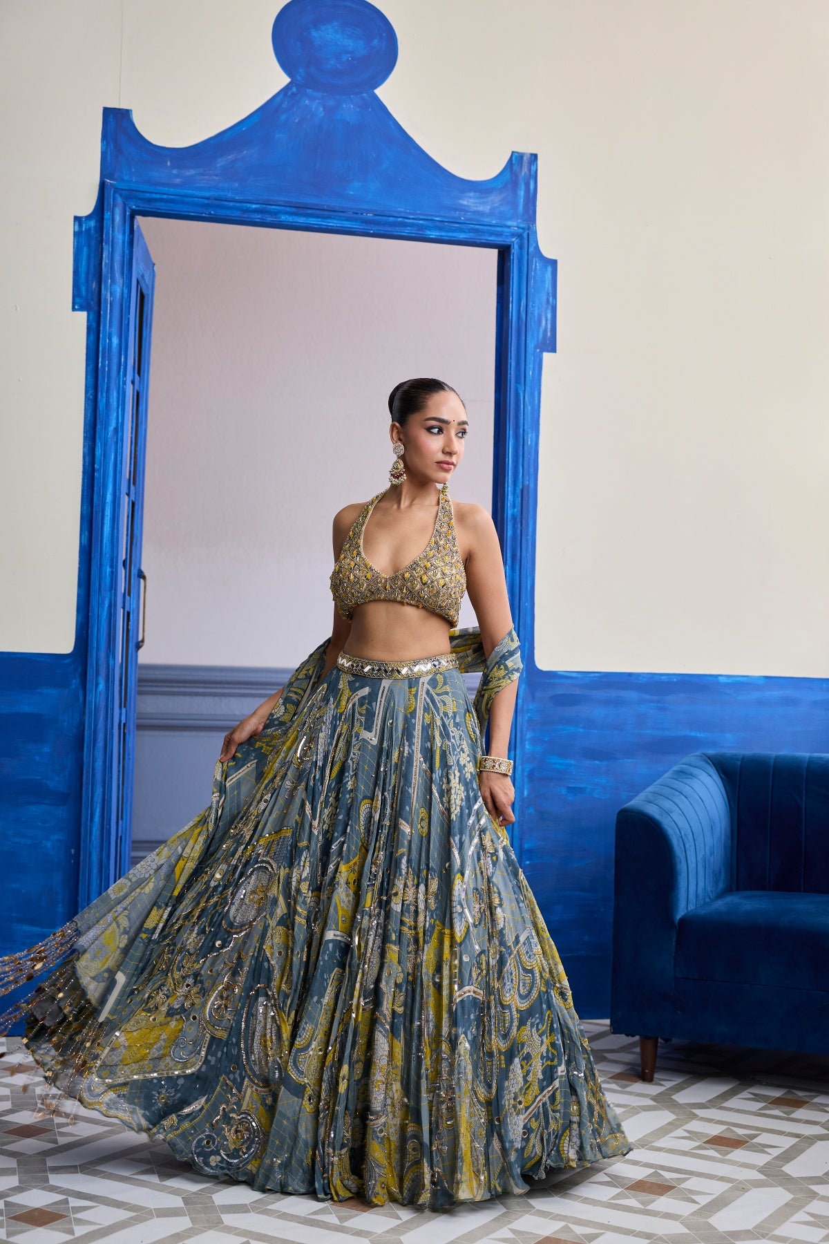 GREY & YELLOW EMBROIDERED BLOUSE WITH HIGHLIGHTED LEHENGA & TASSEL DUPATTA SET