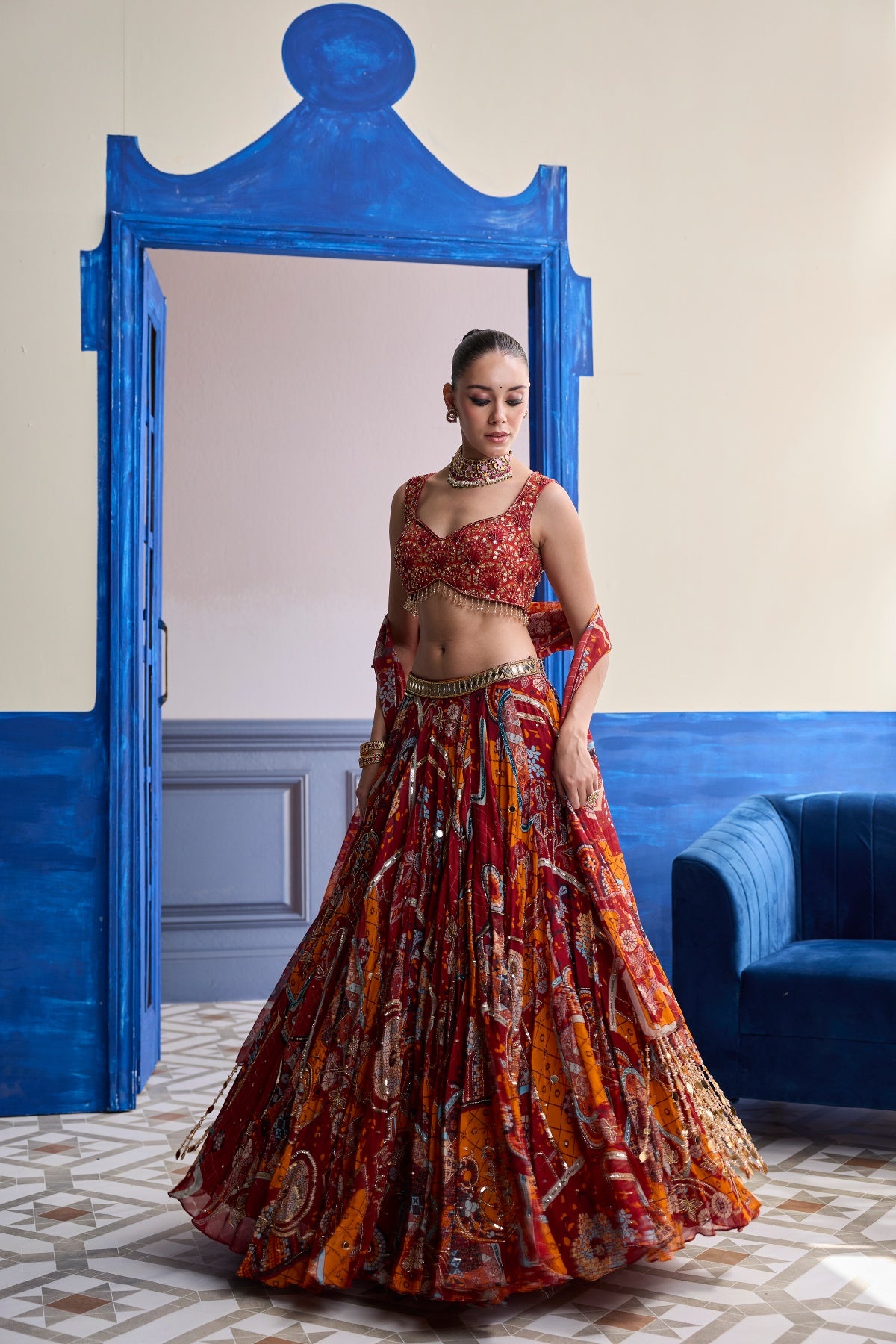 RUST MOSAIC SWEETHEART BLOUSE WITH LEHENGA & TASSEL DUPATTA SET