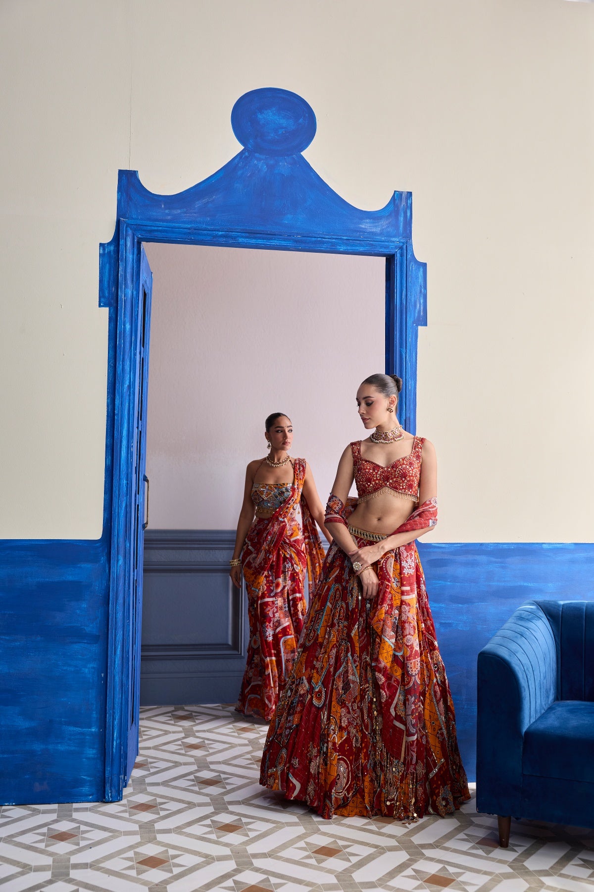 RUST MOSAIC SWEETHEART BLOUSE WITH LEHENGA & TASSEL DUPATTA SET