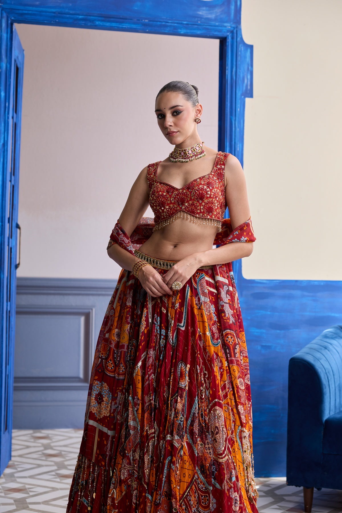 RUST MOSAIC SWEETHEART BLOUSE WITH LEHENGA & TASSEL DUPATTA SET