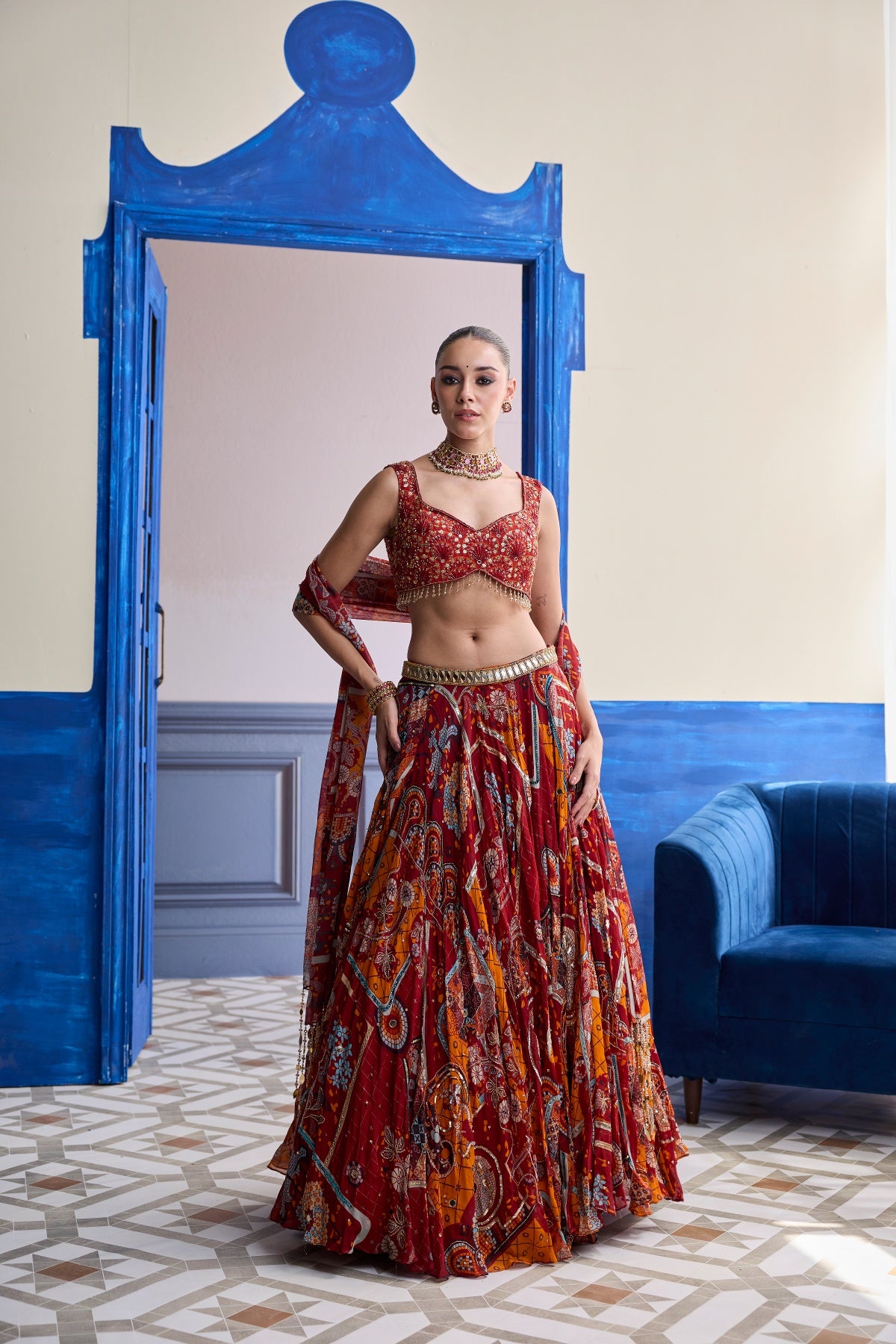 RUST MOSAIC SWEETHEART BLOUSE WITH LEHENGA & TASSEL DUPATTA SET