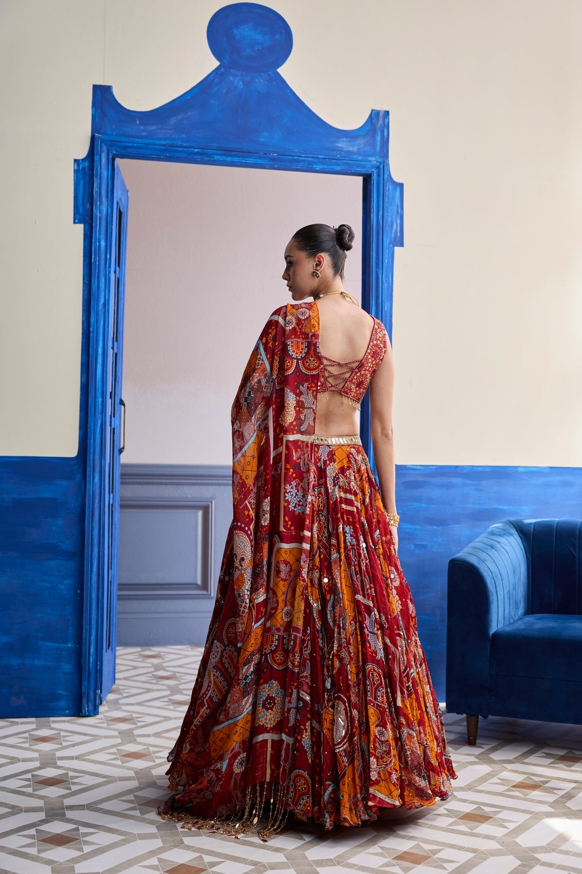 RUST MOSAIC SWEETHEART BLOUSE WITH LEHENGA & TASSEL DUPATTA SET
