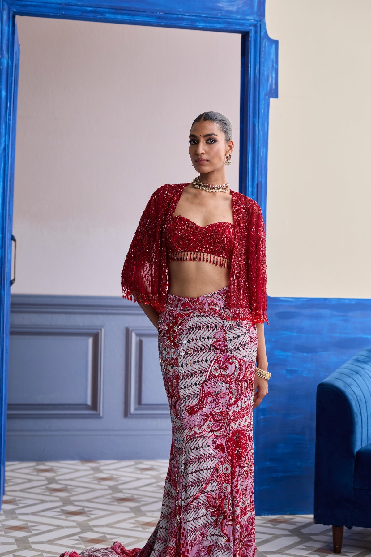 RED EMBROIDERED BLOUSE WITH TASSEL CAPE JACKET & MERMAID SKIRT SET