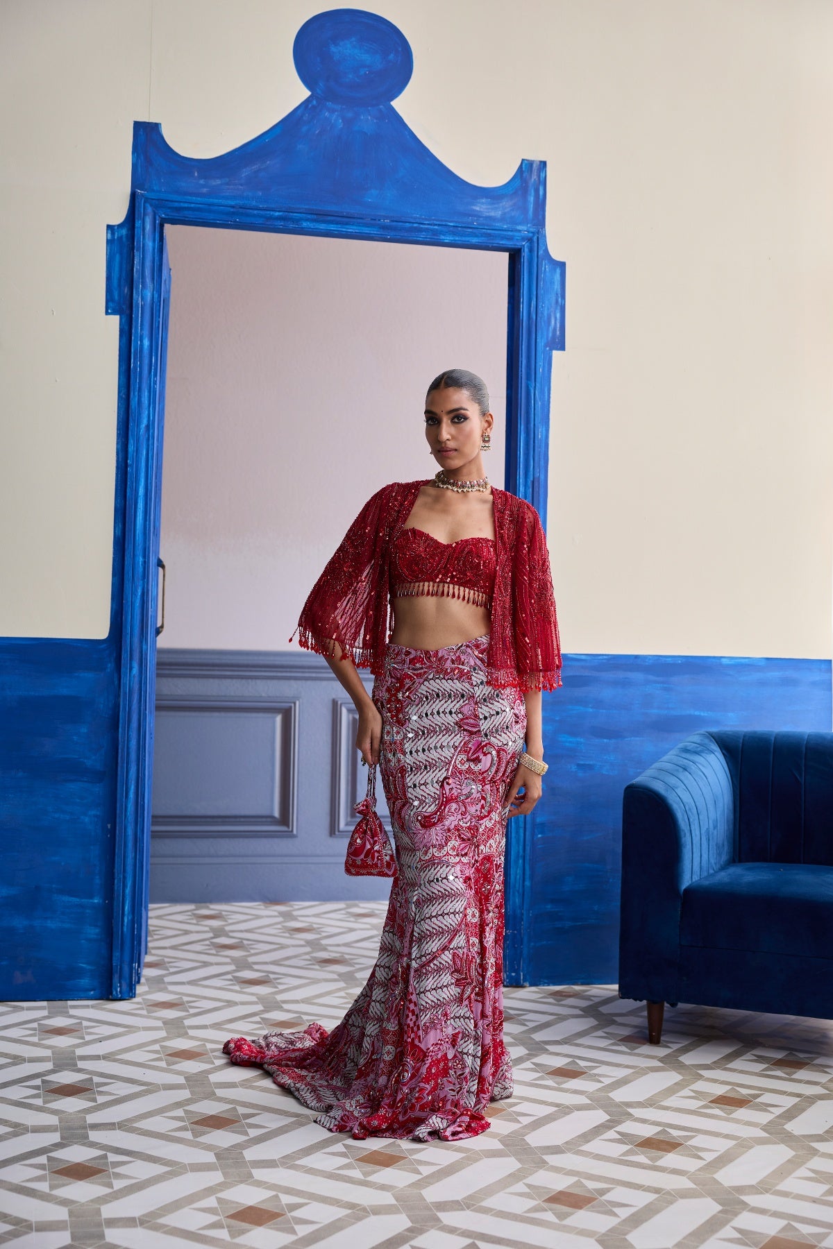 RED EMBROIDERED BLOUSE WITH TASSEL CAPE JACKET & MERMAID SKIRT SET