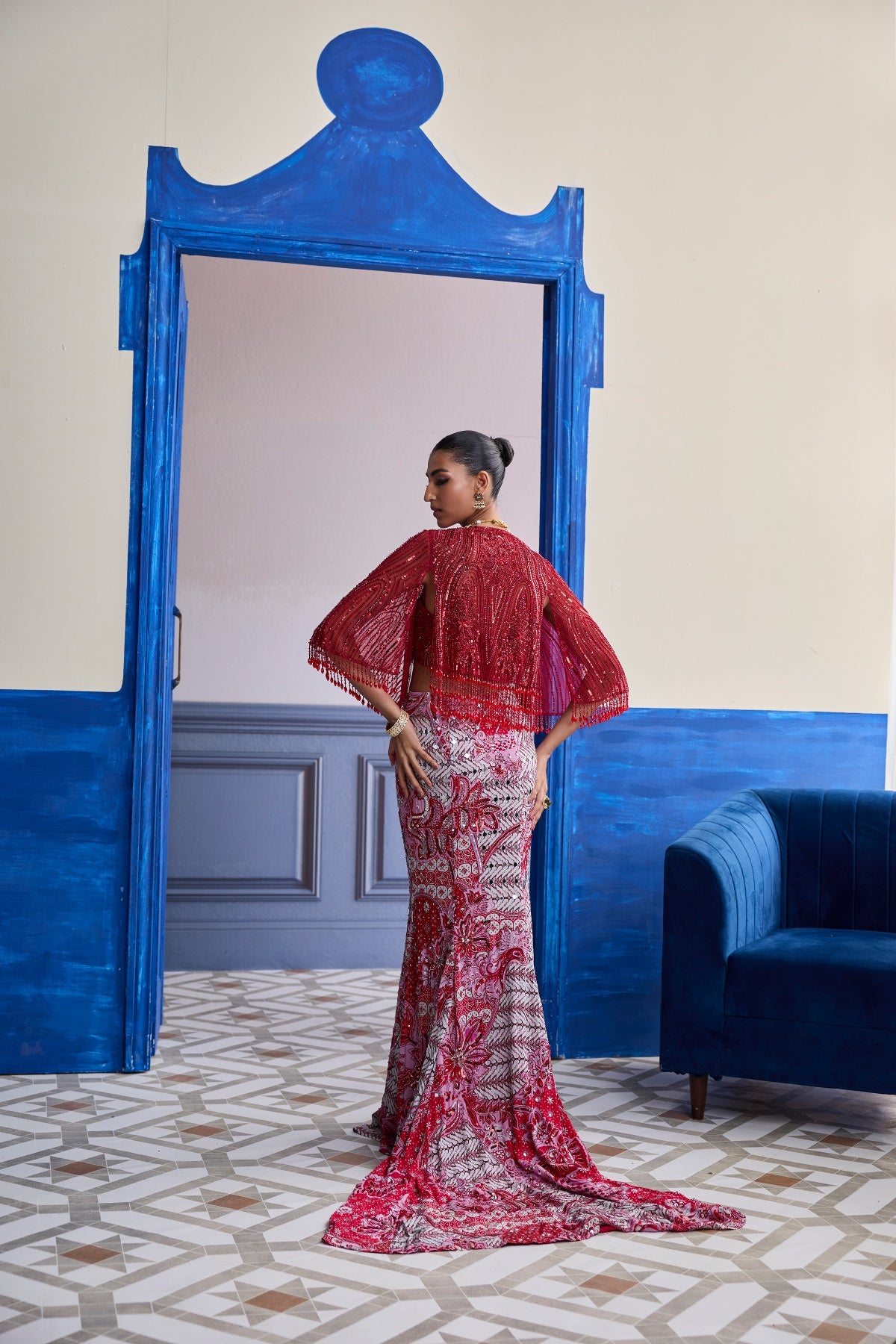 RED EMBROIDERED BLOUSE WITH TASSEL CAPE JACKET & MERMAID SKIRT SET