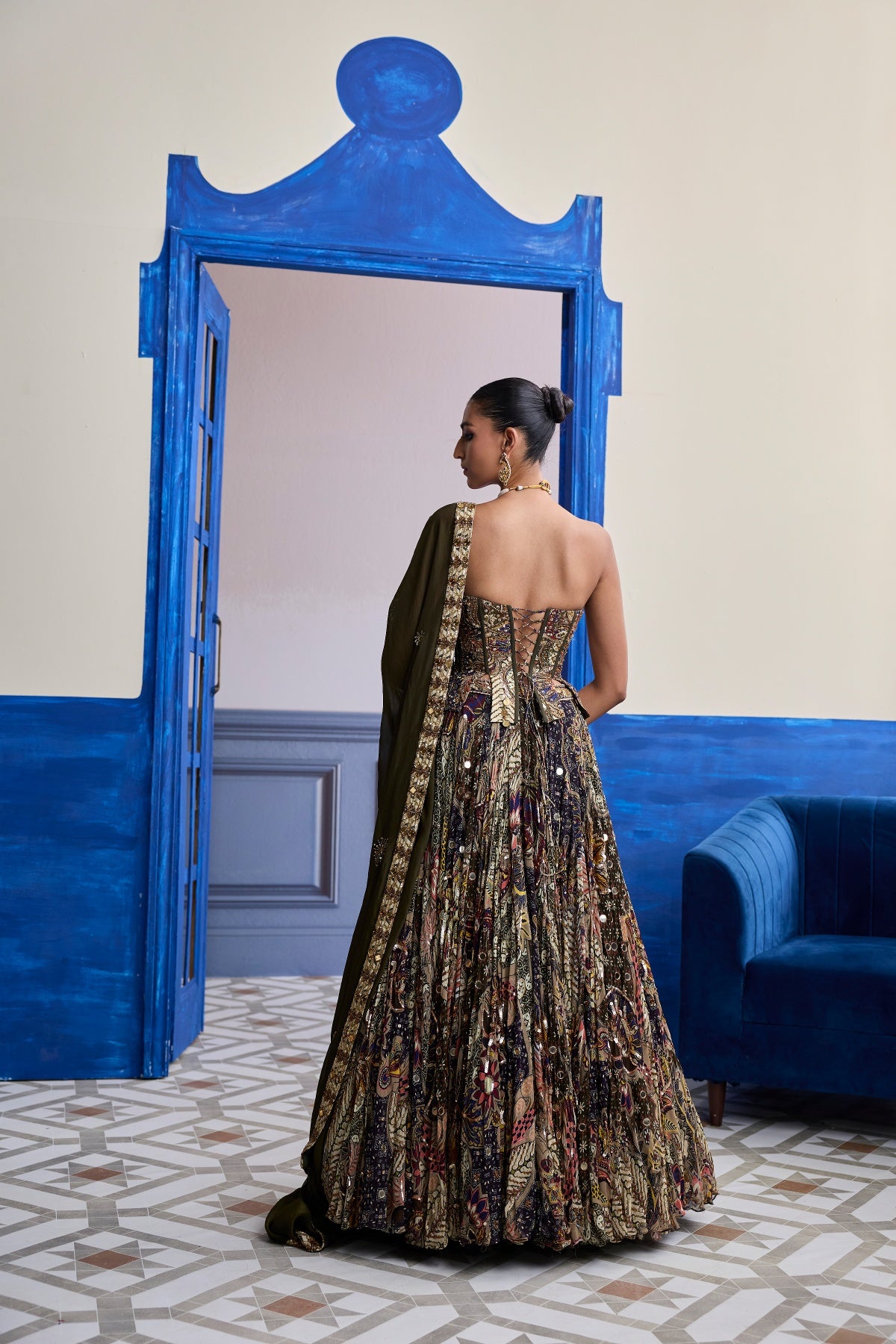 OLIVE PRINT CORSET WITH HIGHLIGHTED LEHENGA & EMBROIDERED DUPATTA SET
