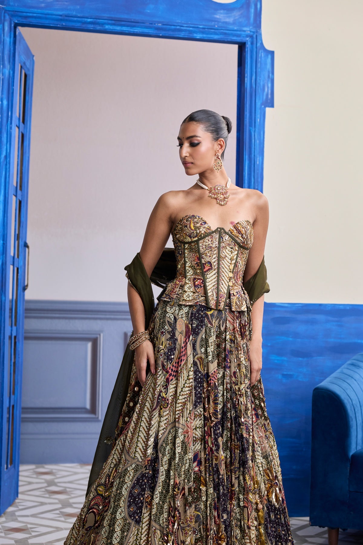 OLIVE PRINT CORSET WITH HIGHLIGHTED LEHENGA & EMBROIDERED DUPATTA SET