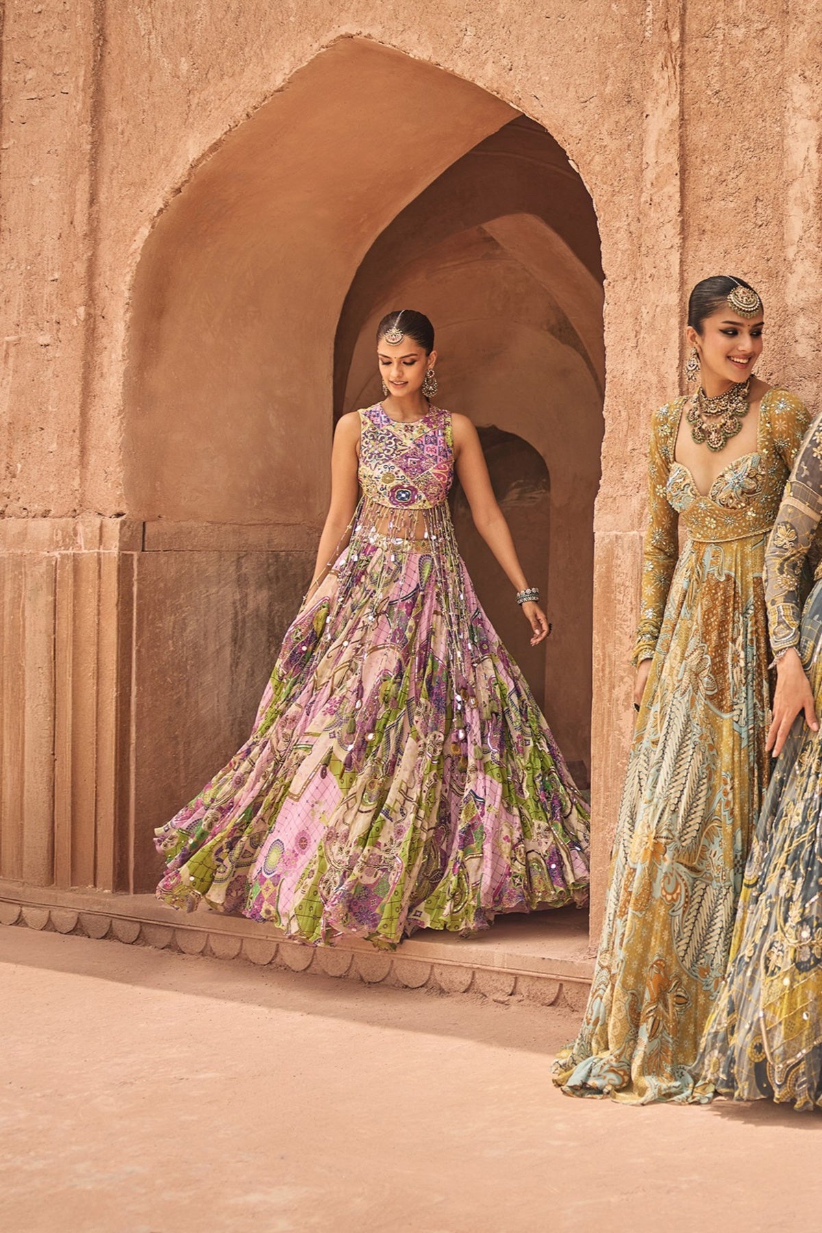 BUBBLEGUM MOSAIC YOKE BLOUSE WITH LONG TASSELS & HIGHLIGHTED LEHENGA SET