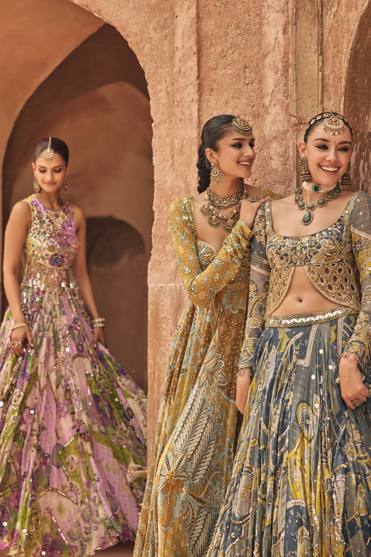 BUBBLEGUM MOSAIC YOKE BLOUSE WITH LONG TASSELS & HIGHLIGHTED LEHENGA SET