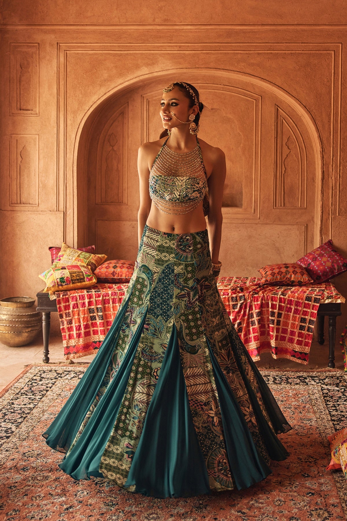 JEWELED GREEN HALTER BLOUSE WITH FLARED GODET SKIRT SET