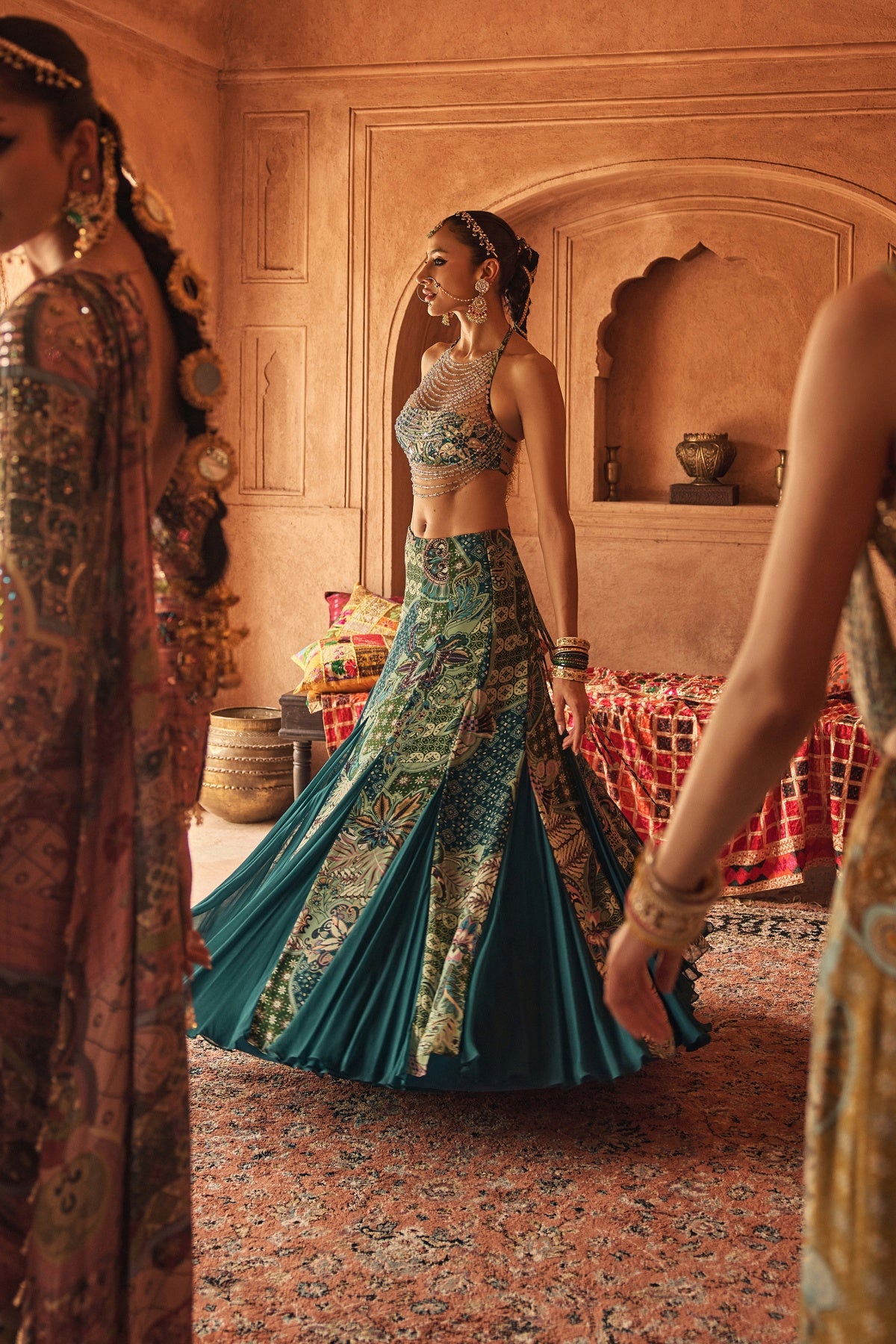 JEWELED GREEN HALTER BLOUSE WITH FLARED GODET SKIRT SET