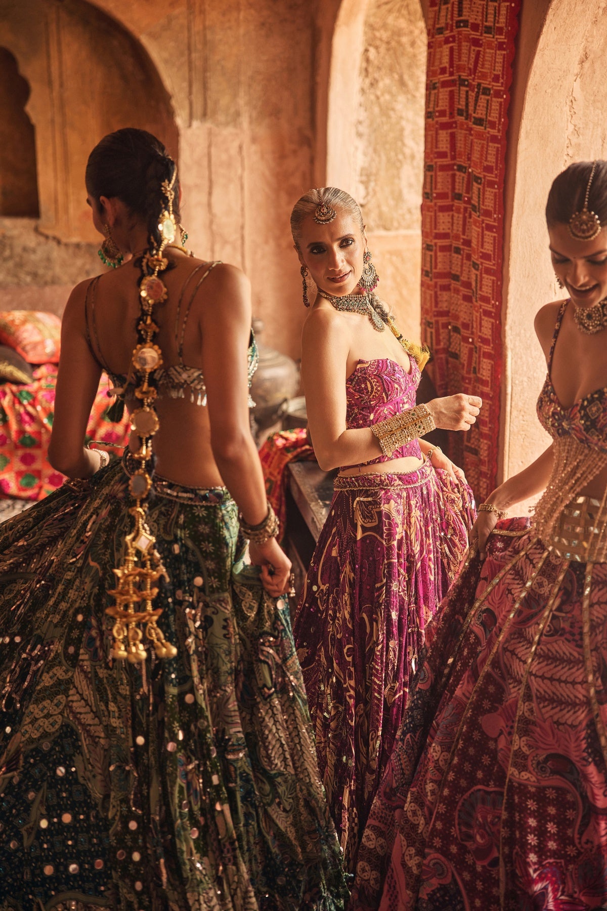 GREEN FLORAL BLOUSE WITH STATEMENT HIGHLIGHTED LEHENGA SET