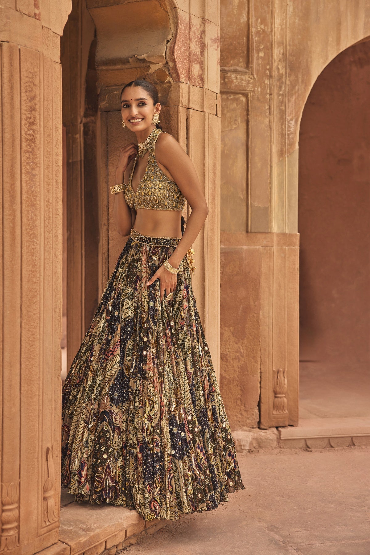 GREY & YELLOW EMBROIDERED BLOUSE WITH HIGHLIGHTED LEHENGA SET