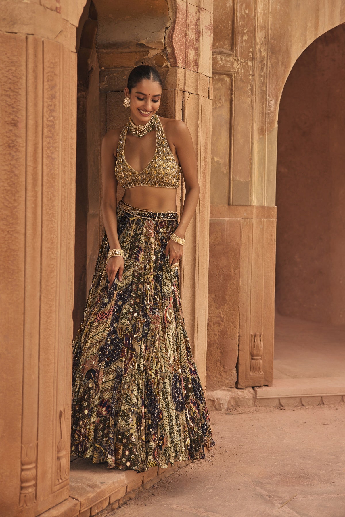 GREY & YELLOW EMBROIDERED BLOUSE WITH HIGHLIGHTED LEHENGA SET