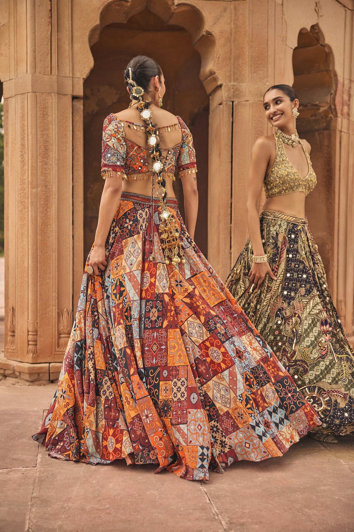 GREY & YELLOW EMBROIDERED BLOUSE WITH HIGHLIGHTED LEHENGA SET