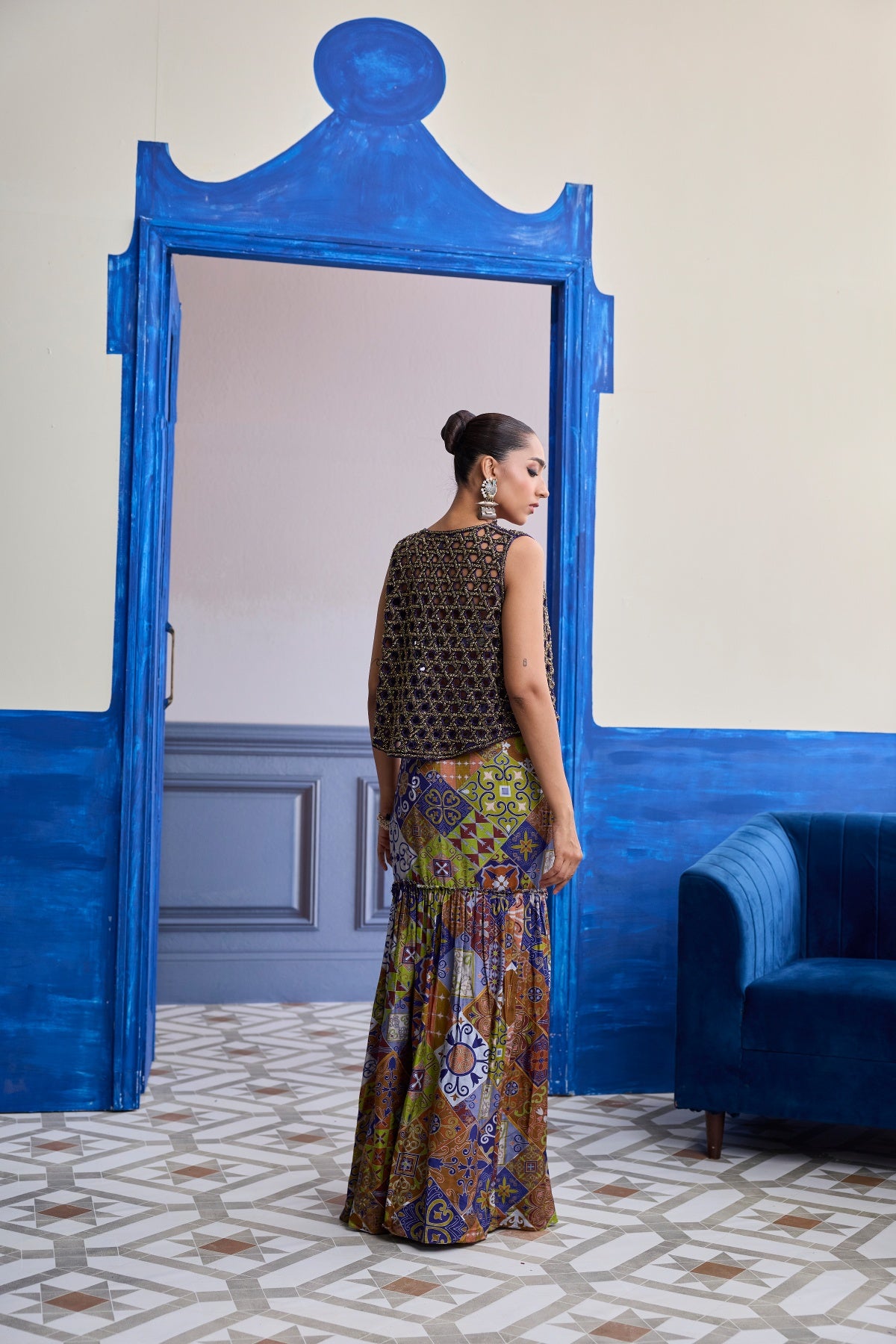 VIOLET MOSAIC BUSTIER WITH CUTWORK JACKET & GATHERED DHOTI SKIRT SET