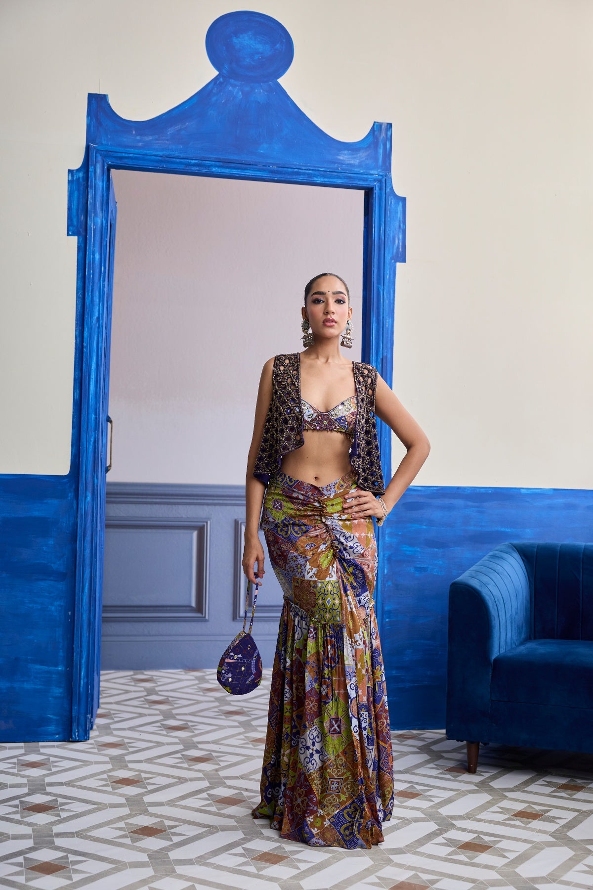 VIOLET MOSAIC BUSTIER WITH CUTWORK JACKET & GATHERED DHOTI SKIRT SET