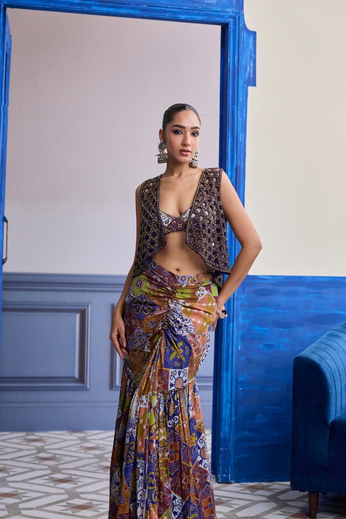 VIOLET MOSAIC BUSTIER WITH CUTWORK JACKET & GATHERED DHOTI SKIRT SET