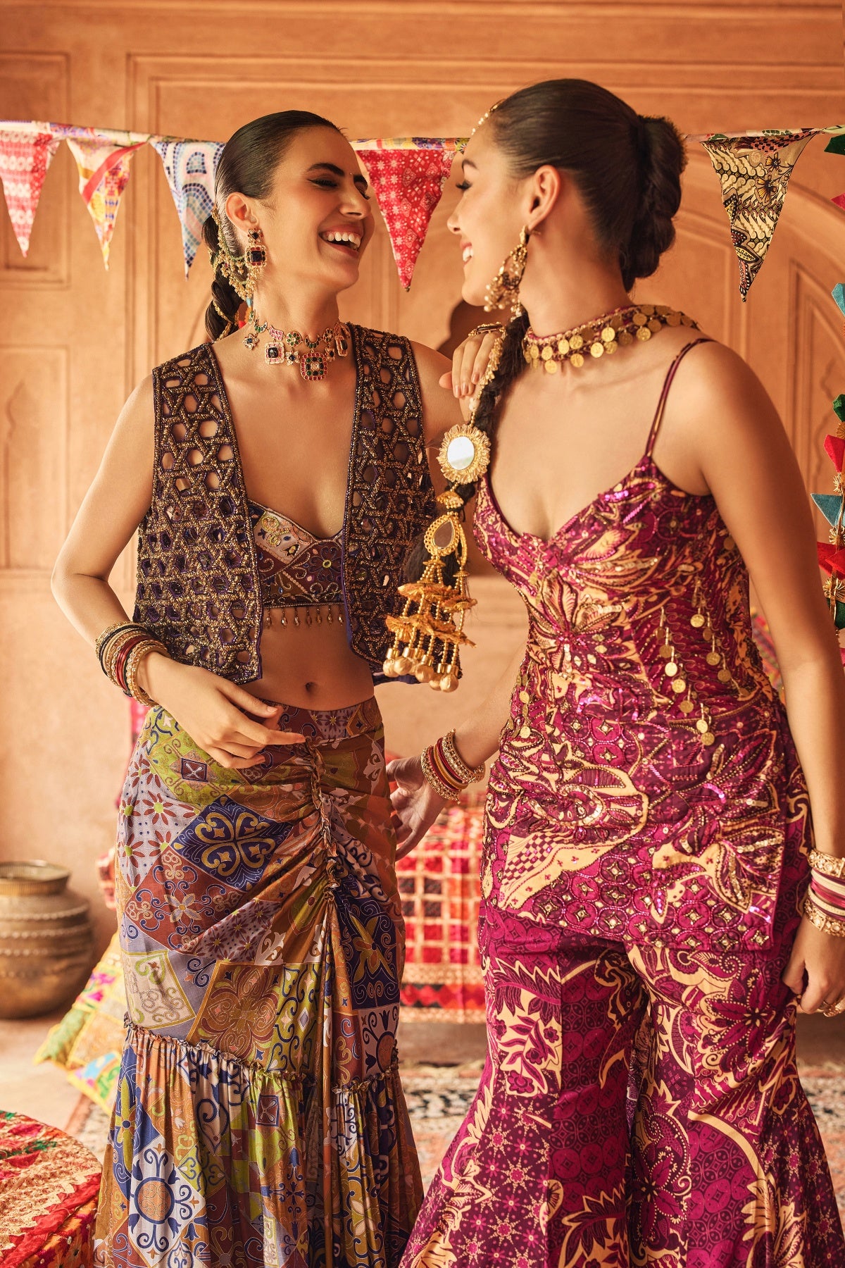 VIOLET MOSAIC BUSTIER WITH CUTWORK JACKET & GATHERED DHOTI SKIRT SET