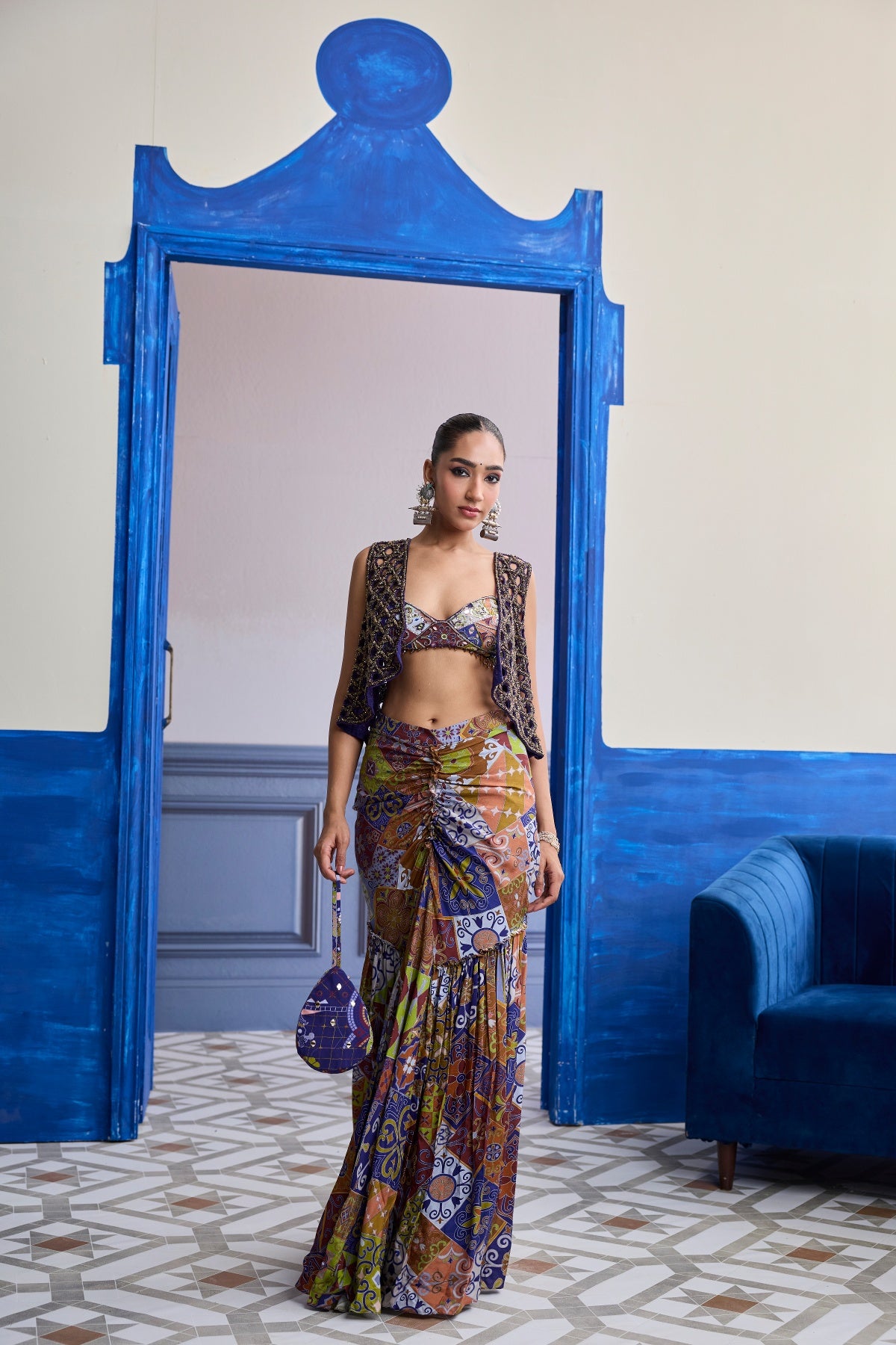 VIOLET MOSAIC BUSTIER WITH CUTWORK JACKET & GATHERED DHOTI SKIRT SET
