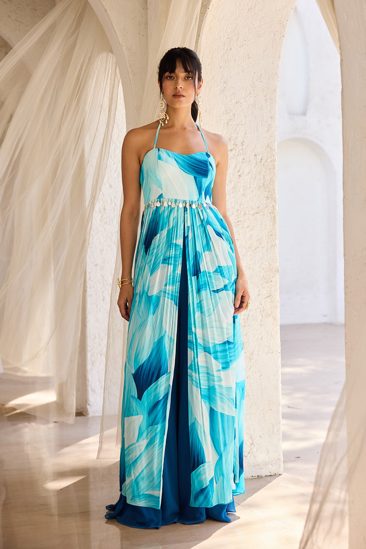 Breezy Blue Petal Printed Tunic Pant Set