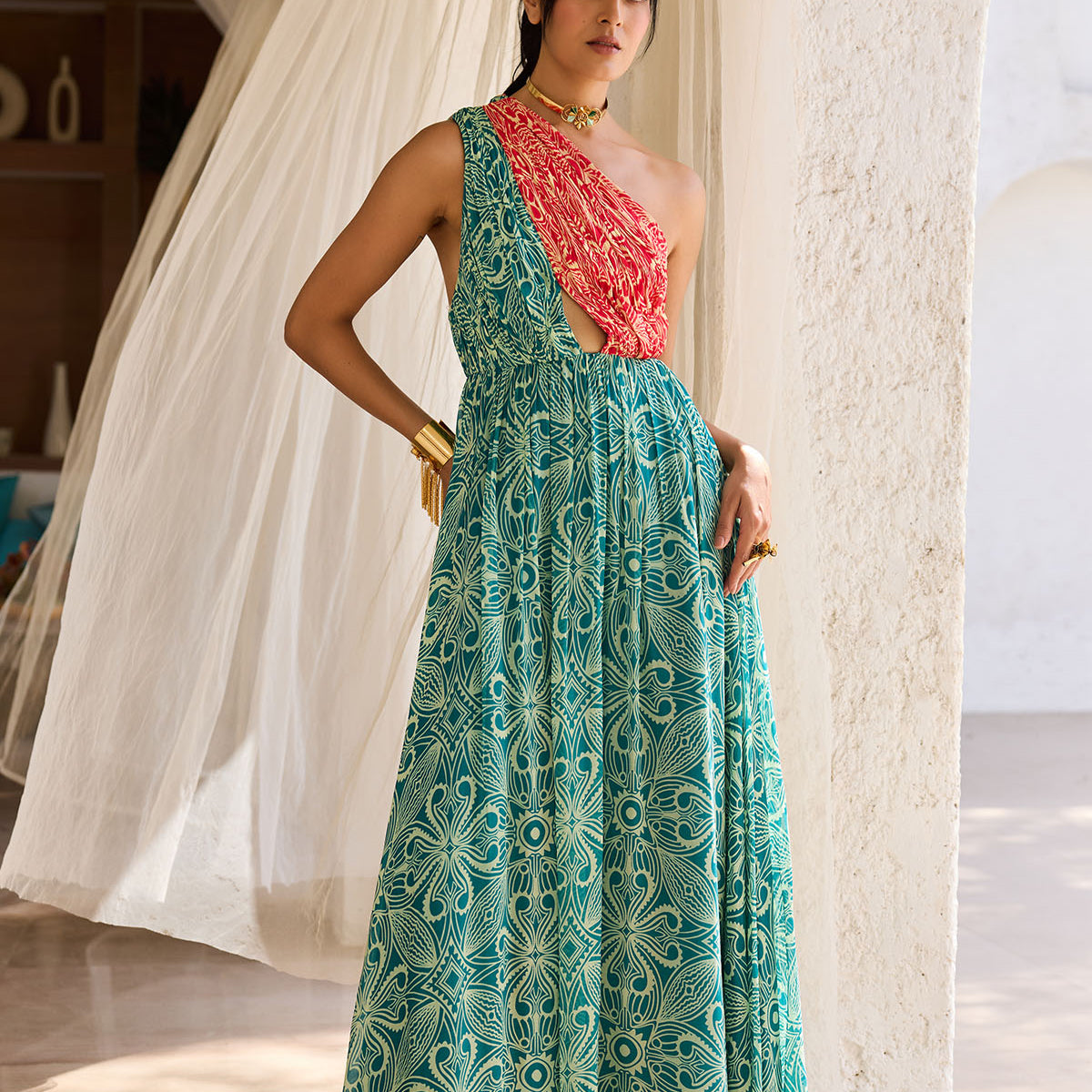 Teal & Pink Asymmetric Printed Dress