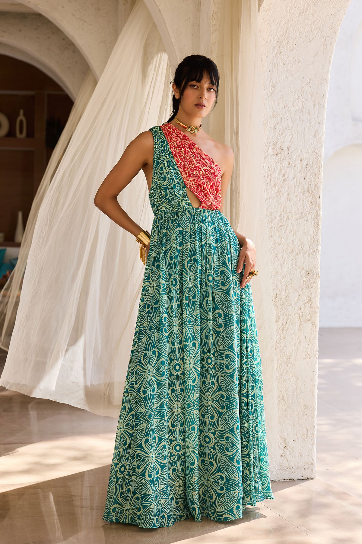 Teal & Pink Asymmetric Printed Dress