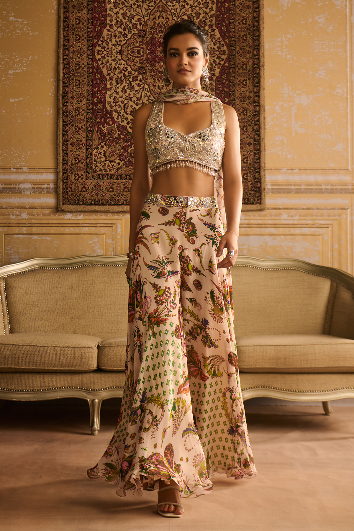 Green print & embroidered sharara set