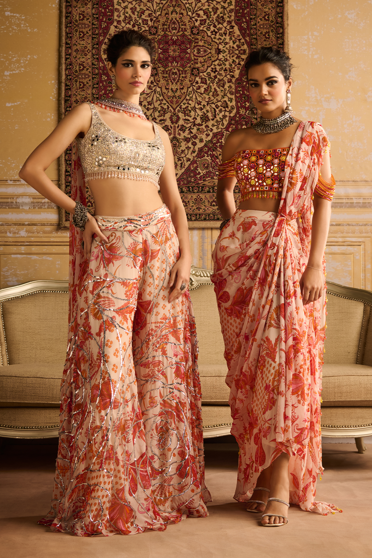 Mirror embroidered blouse and orange skirt saree set