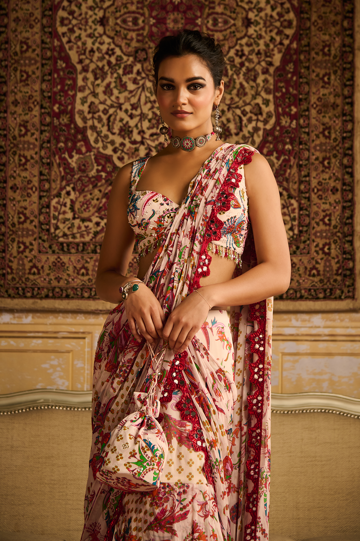 Red embroidered blouse and skirt saree set