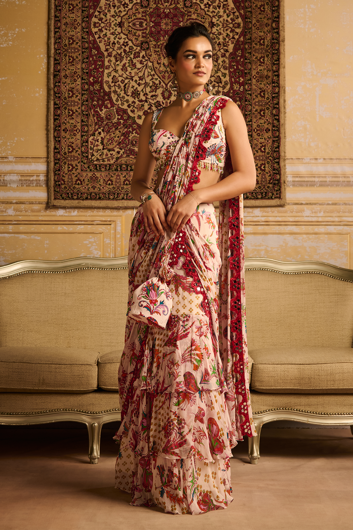 Red embroidered blouse and skirt saree set