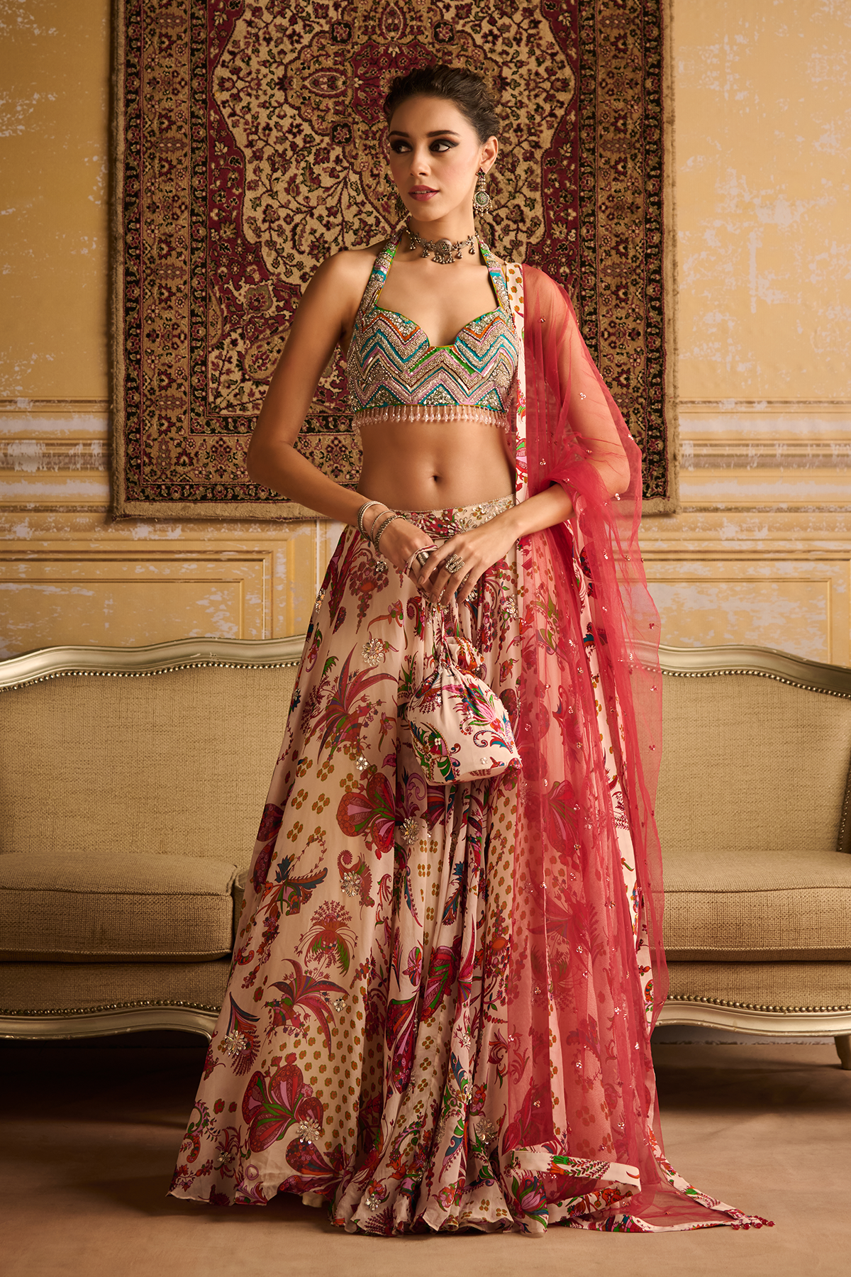 Red zig-zag butta print embroidered blouse and lehenga set