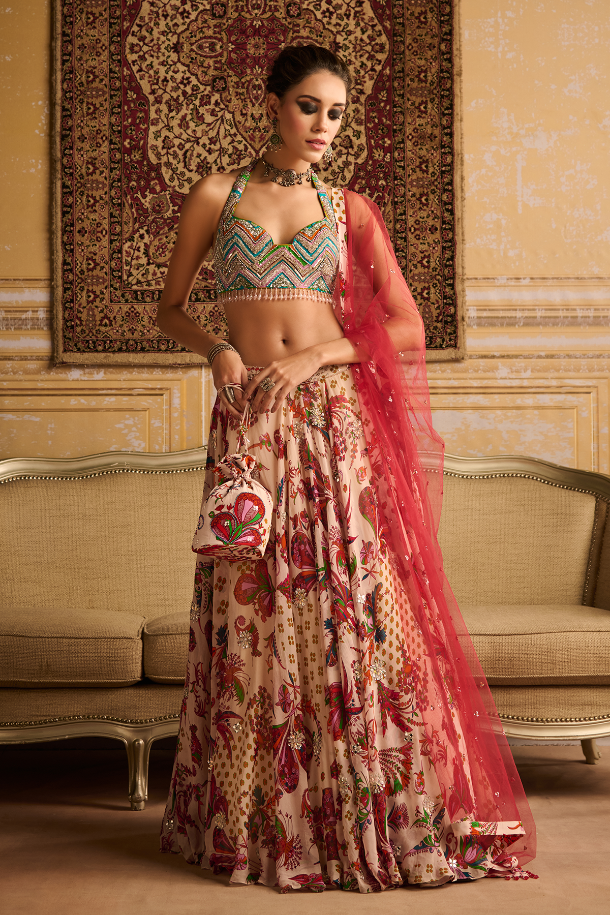 Red zig-zag butta print embroidered blouse and lehenga set