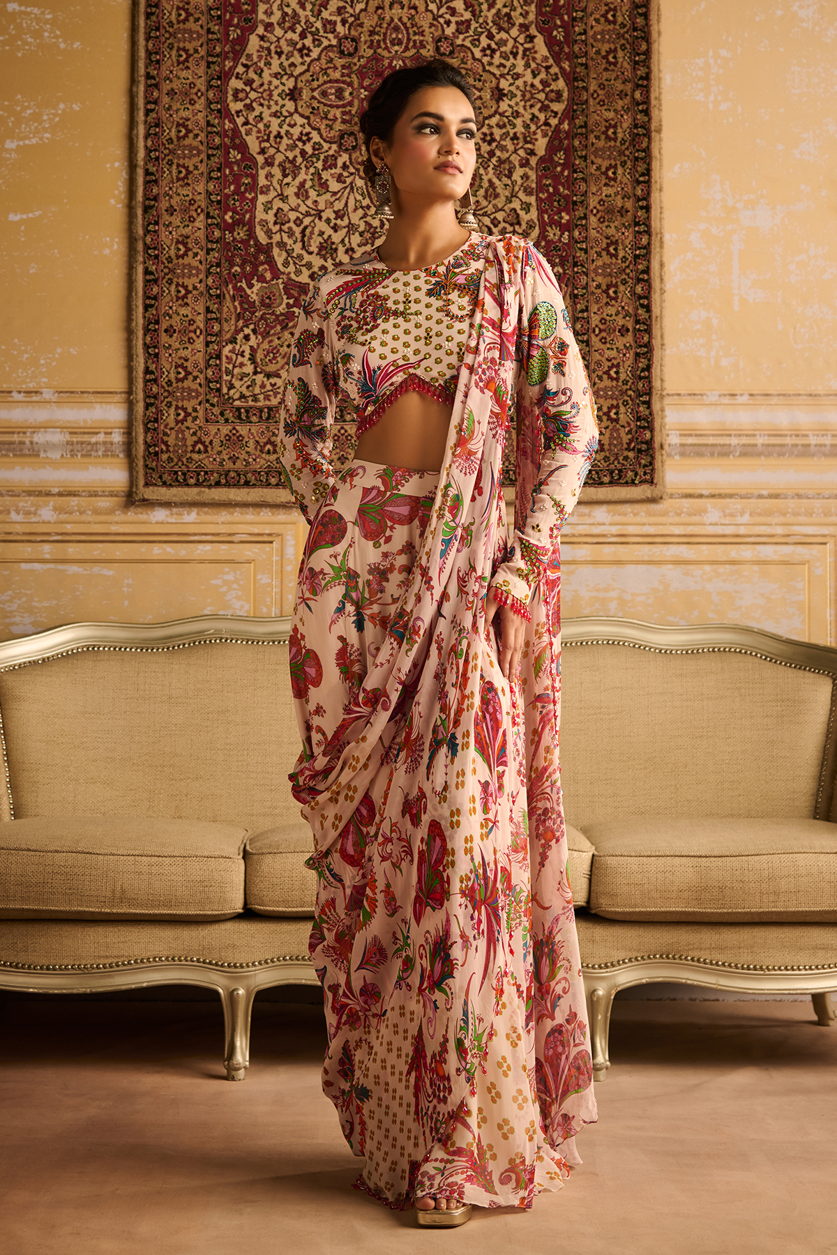 Red print embroidered blouse and saree set