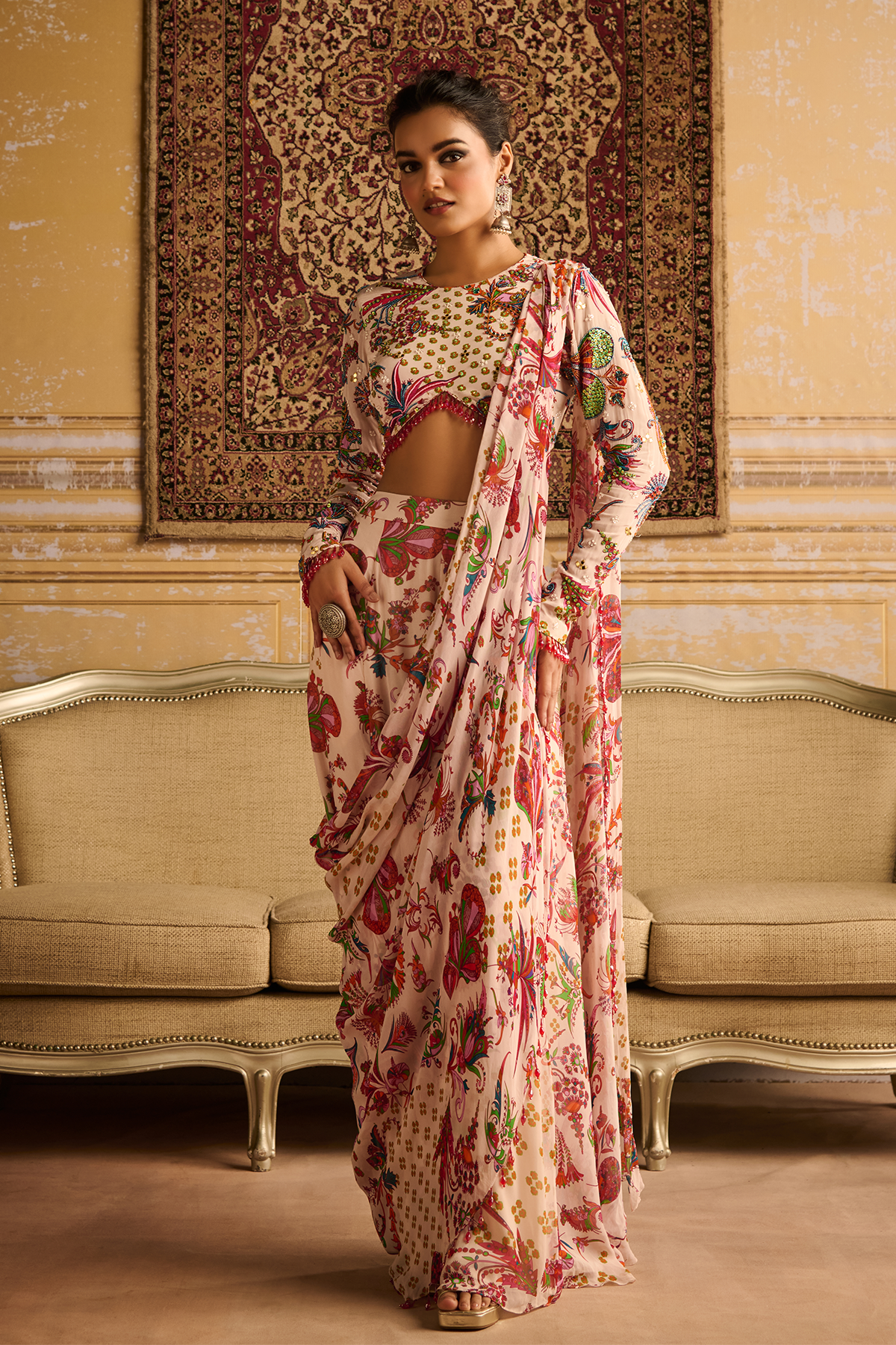 Red print embroidered blouse and saree set