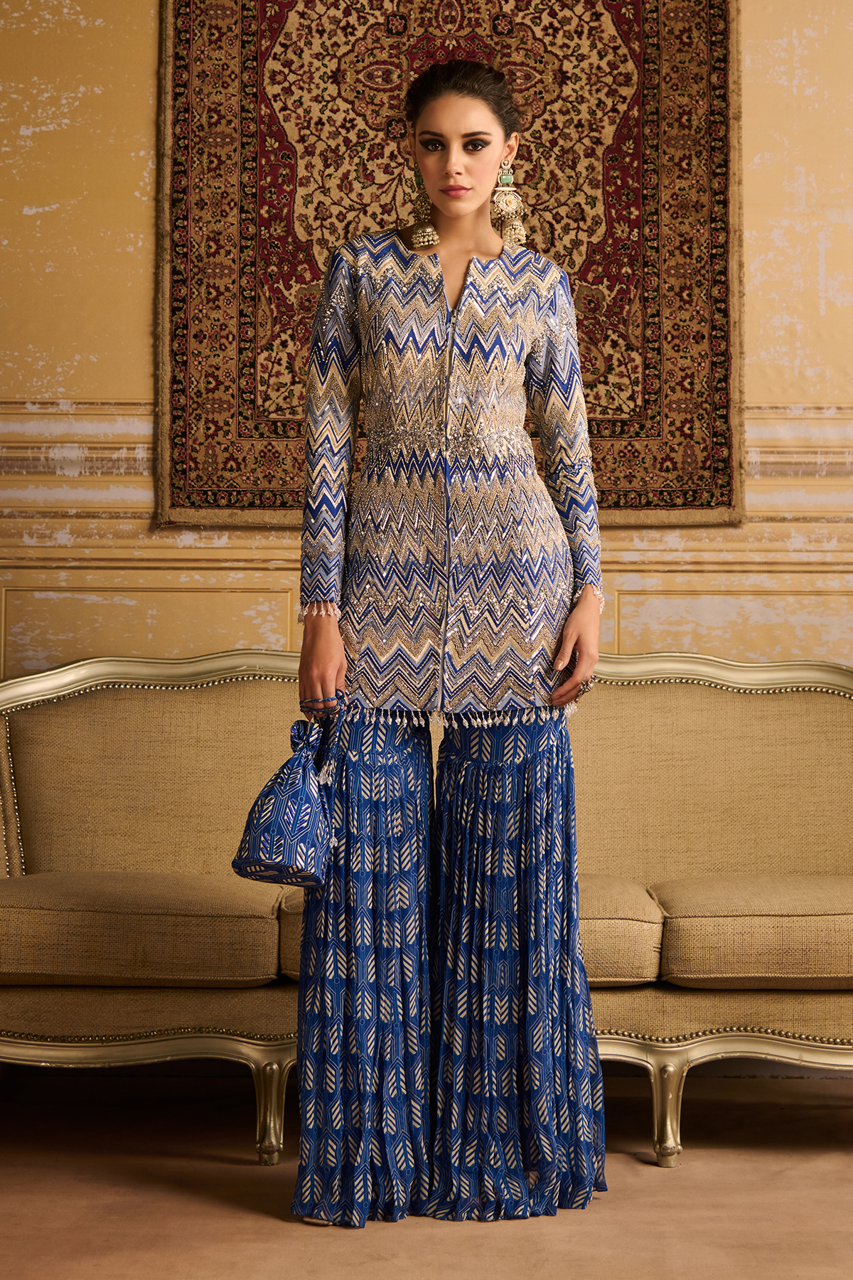 Blue print embroidered jacket and Gharara set