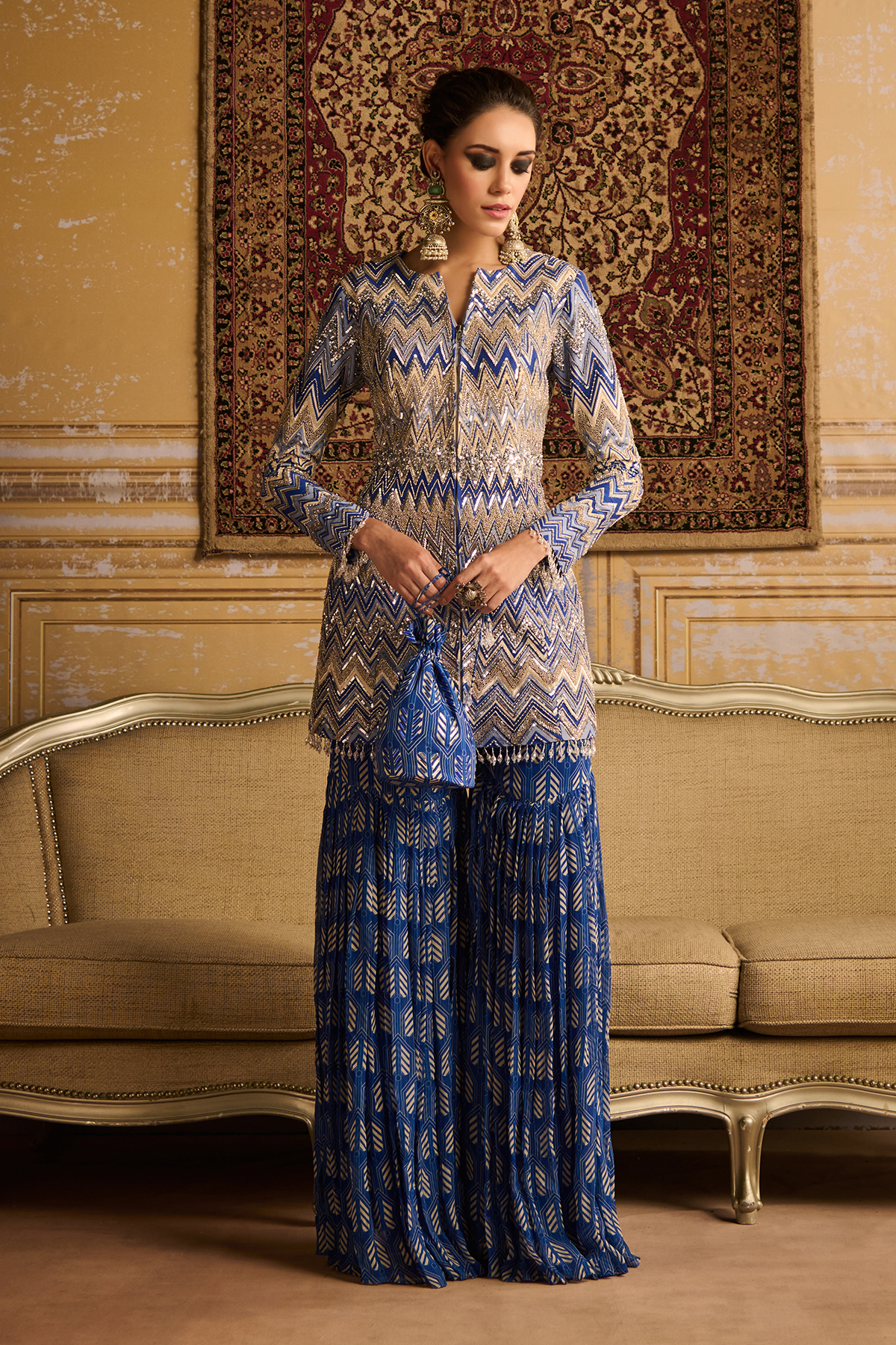 Blue print embroidered jacket and Gharara set